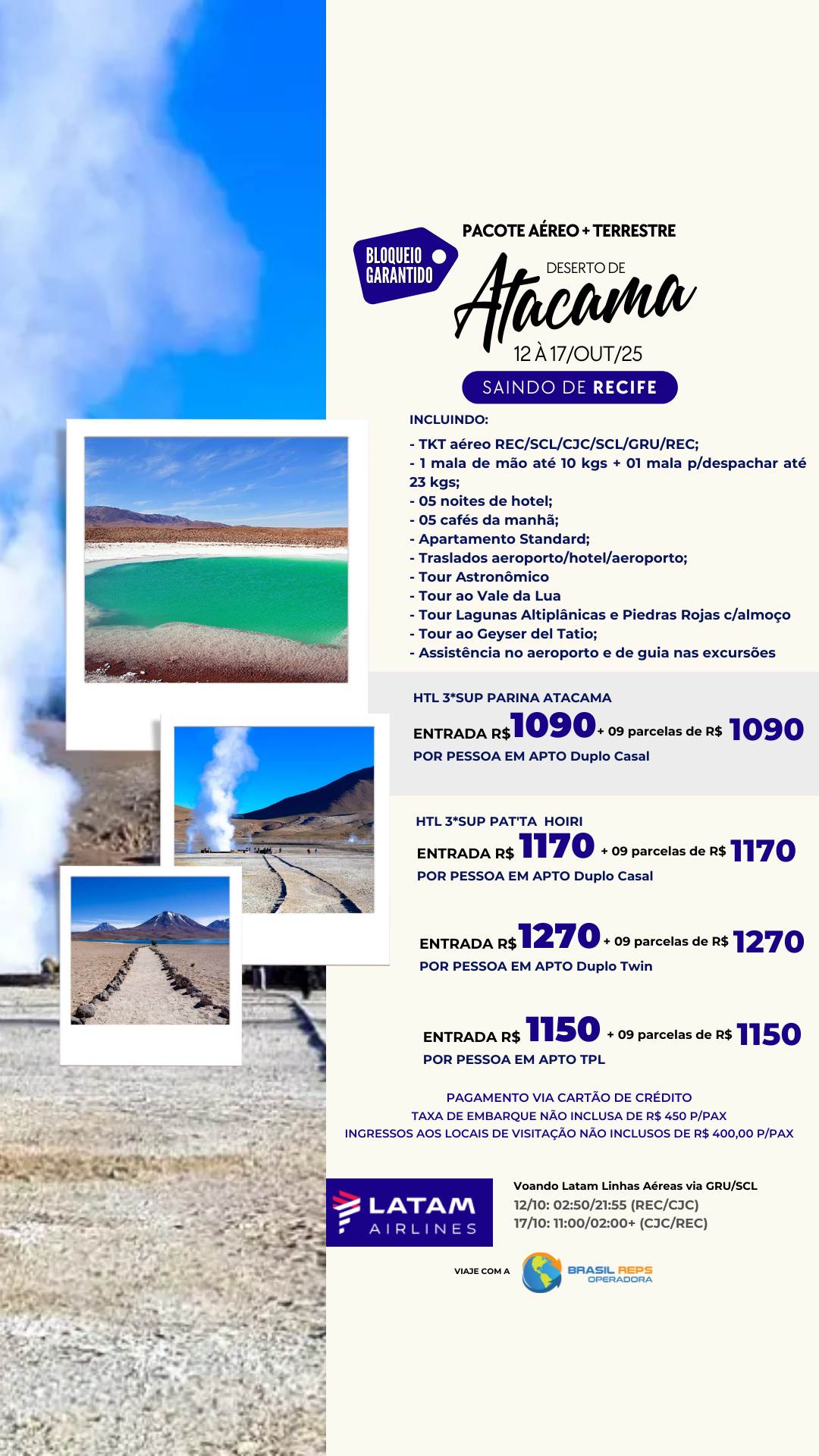 Pacote para Deserto de Atacama aéreo e terrestre saindo de Recife em Outubro 2025 voando LATAM