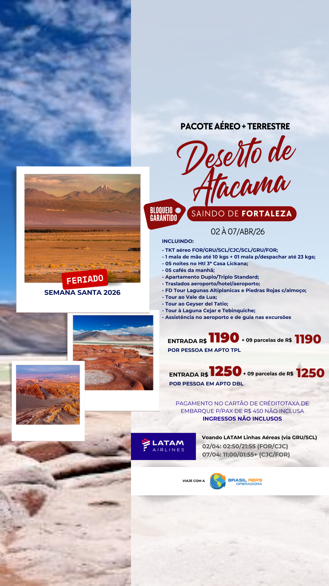 Pacote aéreo e terrestre para Deserto do Atacama saindo de Fortaleza de 02 a 07 de abril – Semana Santa 2026
