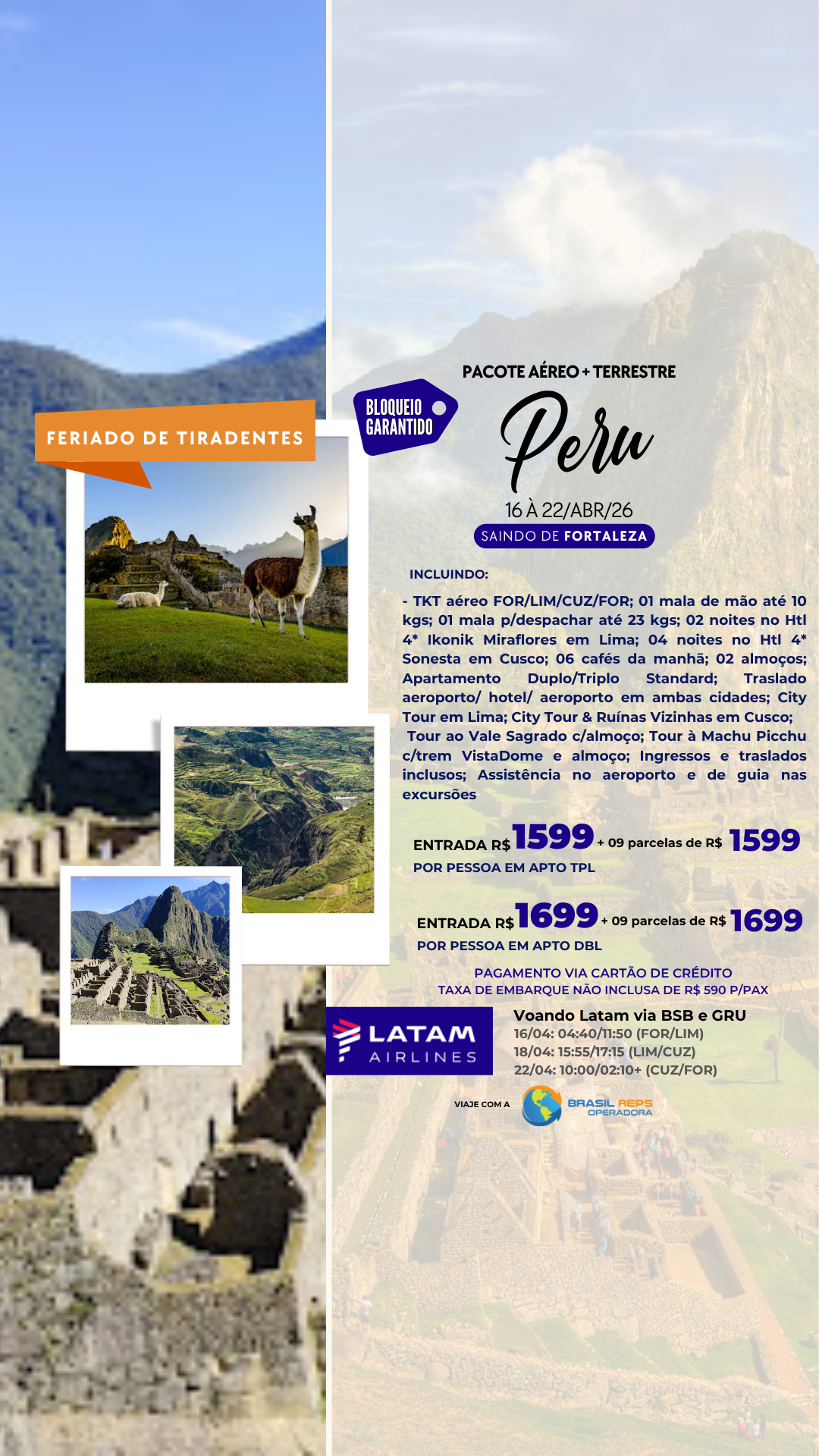 Pacote aéreo e terrestre para o Peru saindo de Fortaleza – 16 a 22 de abril 2026