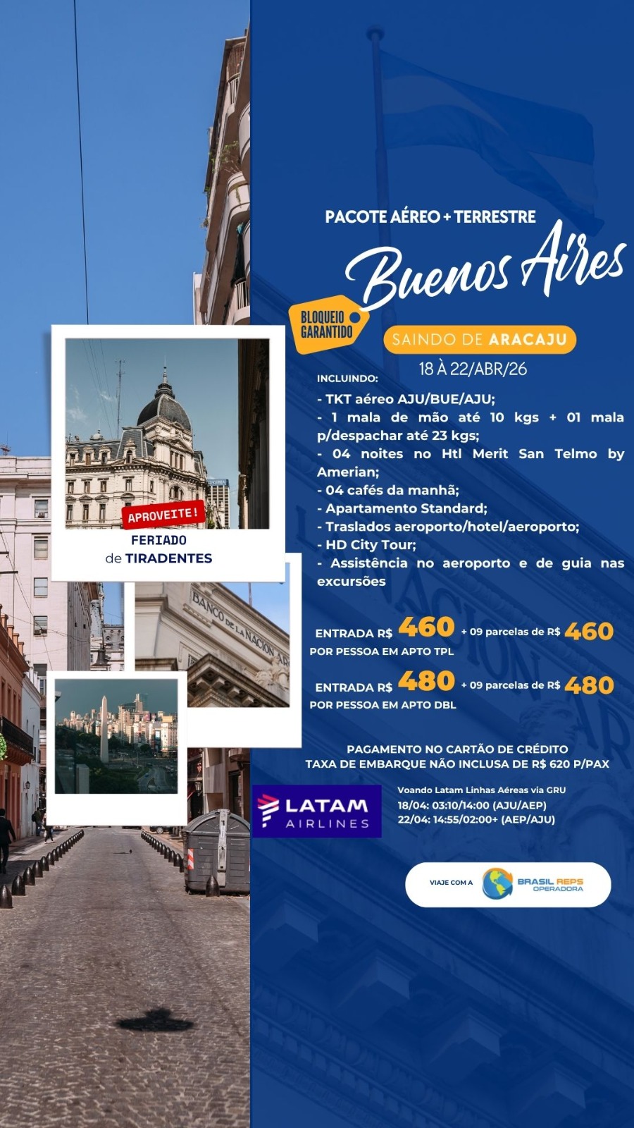 Pacote aéreo e terrestre para Buenos Aires saindo de Aracaju – 18 a 22 de abril 2026