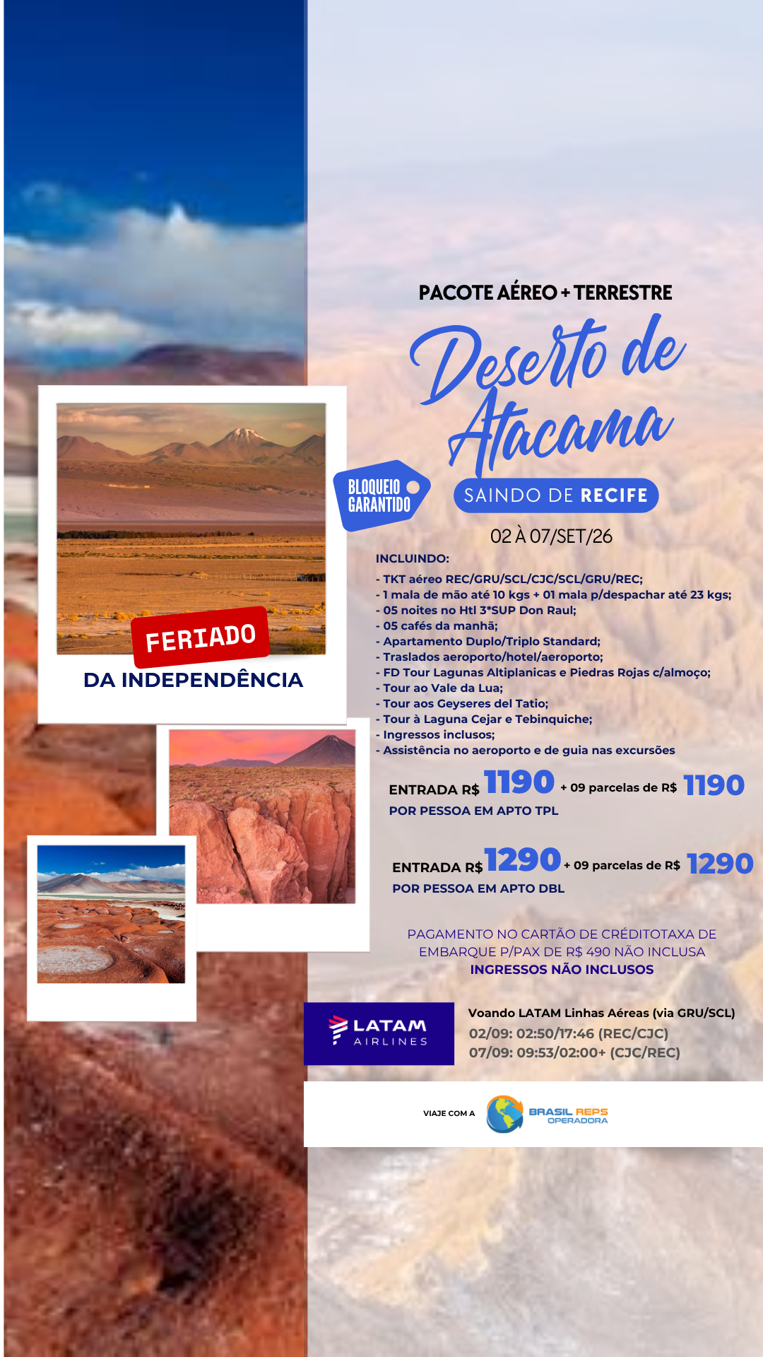Pacote Aéreo e terrestre Deserto do Atacama saindo de Recife – 02 a 07 de setembro 2026